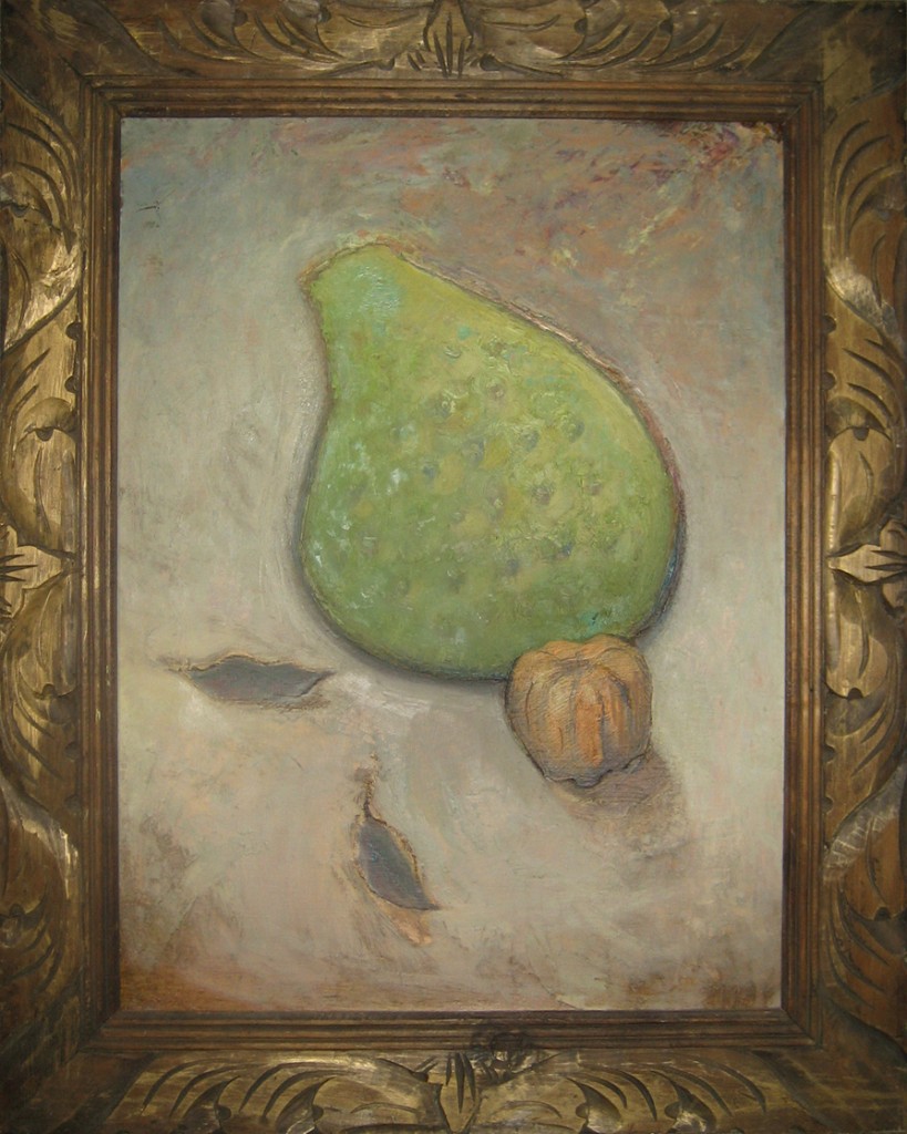 Still life painting of a prickley pear paddle and one of those decorative small pumpkins