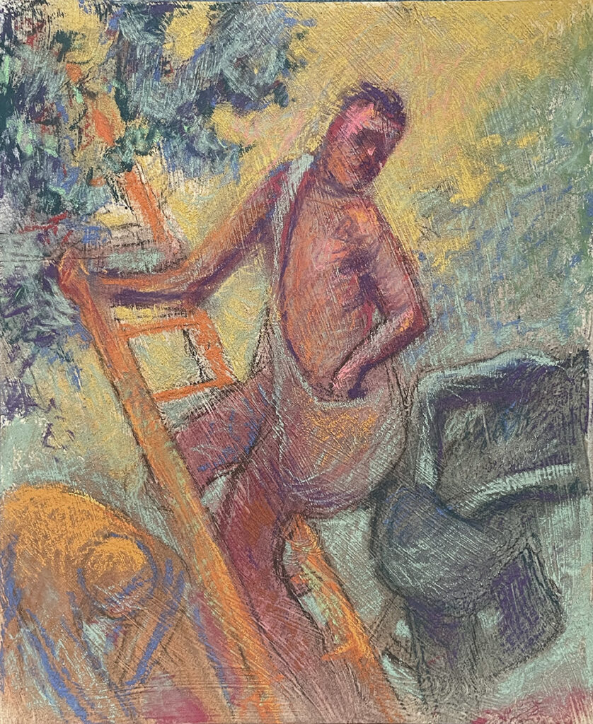 Pastel of pickers at sunset.