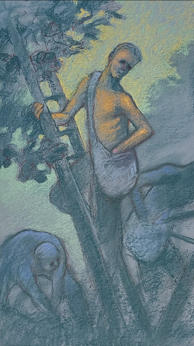 Pastel, 16x28 in. Picker on a Ladder blue hues.